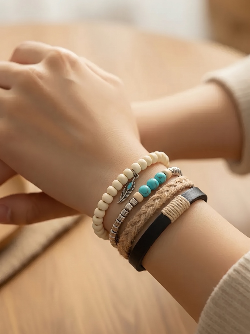 🚘 🆕 Layered Boho Bracelet Stack — Cream & Turquoise Accentsor wear
